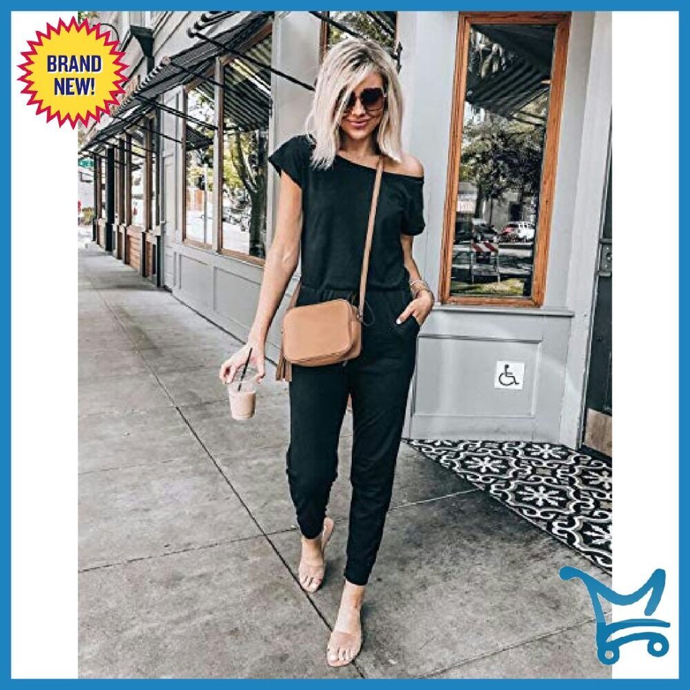 Off Shoulder Jumpsuit Stretchy Soft Fabric Summer Casual Dressy Romper - Picture 4 of 8